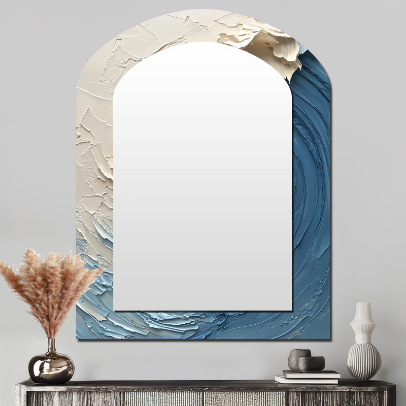Blue And White Oceanic Vortex - Abstract Spirals Asymmetrical Large Wall Mirror, Modern Arch Unique Mirror, Printed Metal Art
