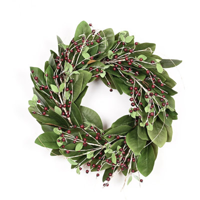 Couronne de bouleau artificielle 22 "avec eucalyptus et feuilles de magnolia, baies, printemps, hiver, couronne de Noël pour la porte d'entrée