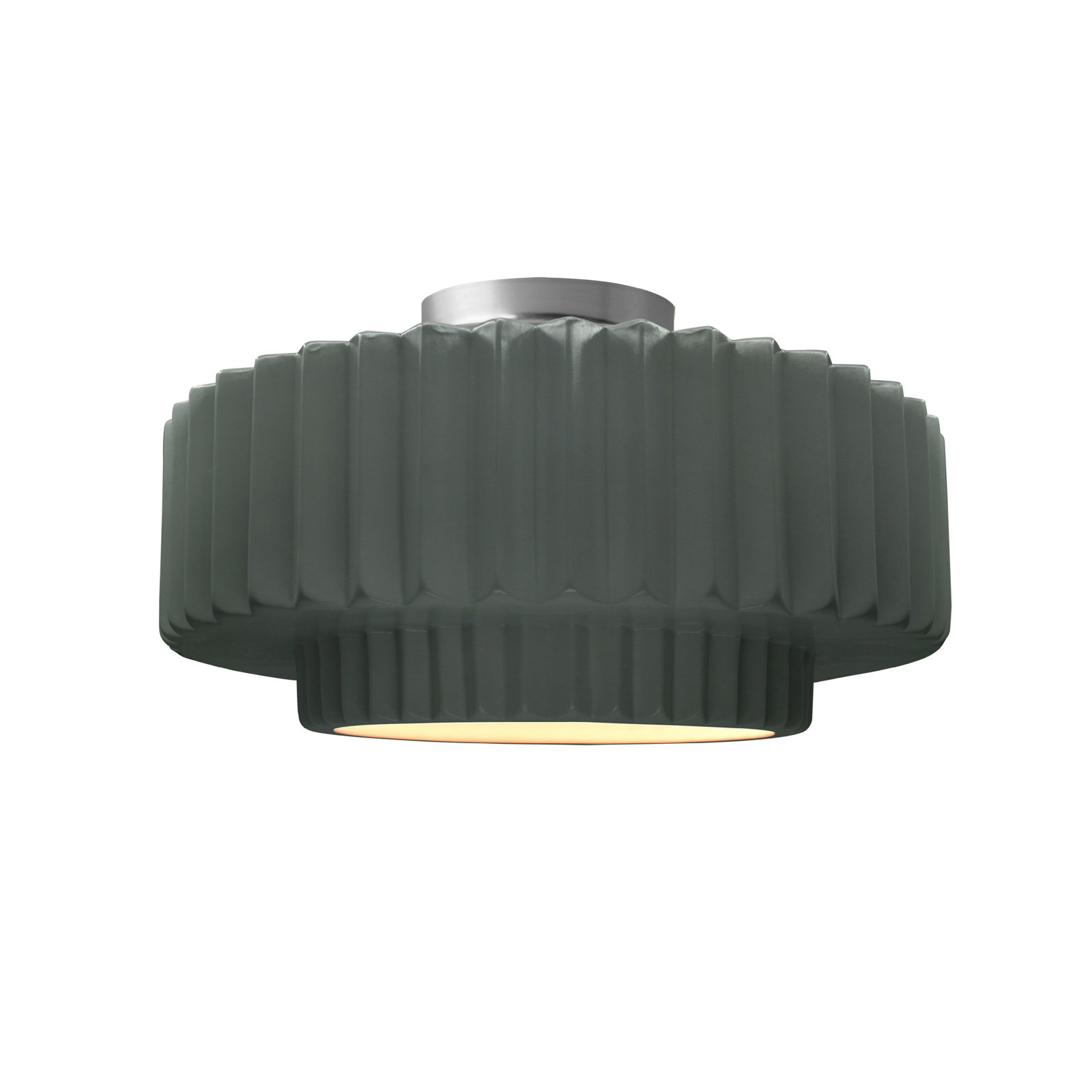 Single Light Ceramic LED Semi Flush Mount, 7.25" H x 14.5" W x 14.5" D, Pewter Green, Brushed Nickel