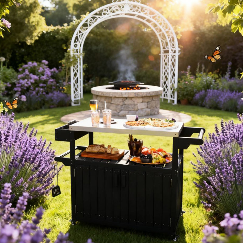 Table de bar à roulettes pour l'extérieur, événements de fête d'avant-match, plateau en acier inoxydable, structure, tablette de rangement, table pivotante à 360 °, préparation des aliments et boissons, acier, chariot, armoire avec portes, crochets latéraux