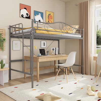 Twin Metal Loft Bed Frame with Ladder and Safety Guardrail