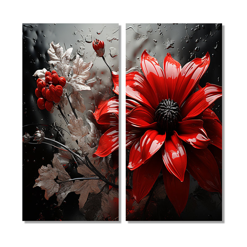 Symphonie botanique rouge et grise II - art mural moderne bleu 2 panneaux, 20" H x 24" W, Wrapped Canvas, Does Not Apply