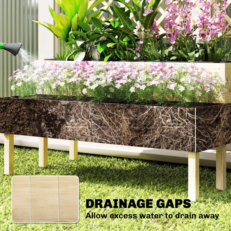 2-Tier Raised Garden Bed with Trellis, Wooden Elevated Planter Box with Drainage Gaps, Liners, Trellis Planter for Climbing Plants, Flowers, Herbs, 42.5" x 24.4" x 47.2", Natural