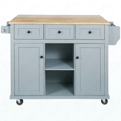 Kitchen Cart With Rubber Wood Drop-Leaf Countertop ,Cabinet Door Internal Storage Racks,Kitchen Island On 5 Wheels With Storage Cabinet And 3 Drawers For Dinning Room, Grey Blue
