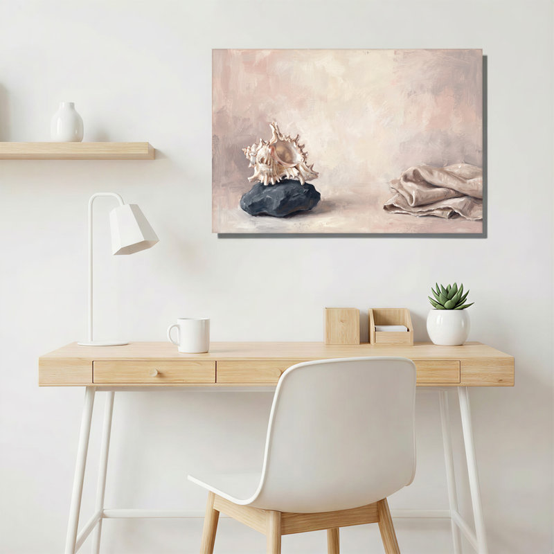 Art mural en toile blanche à coquillage blanc sur rocher foncé et drapé beige, H 16 po x l 24 po