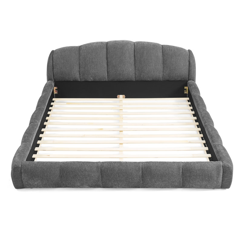 Élégante base de lit tapissier en chenille élégante, tête de lit épaisse incurvée et pied de lit enveloppé, lit de plancher à profil bas, aucun sommier requis, assemblage facile