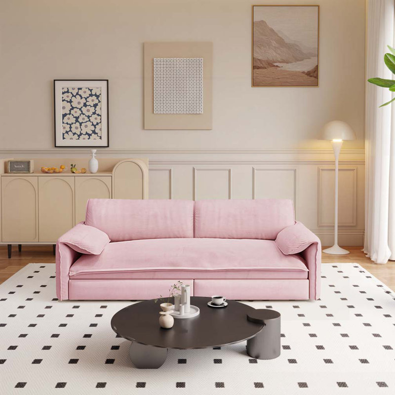 Pull Out Sofa Bed, 3-in-1 Convertible Sleeper Sofa with Side Storage, Pink