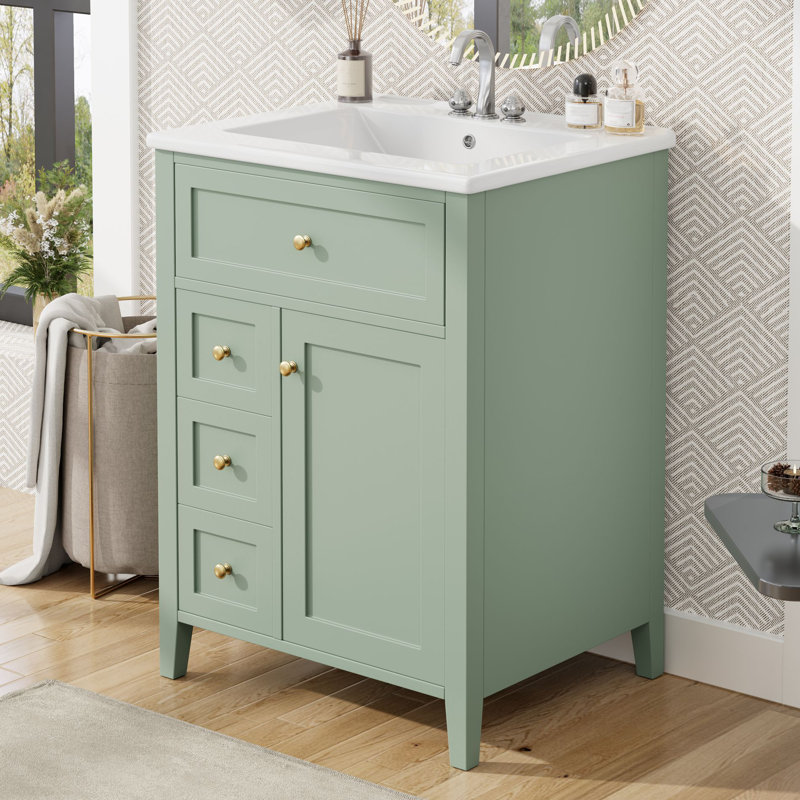 Meuble-lavabo 24 po avec lavabo, 3 tiroirs et armoire avec tablettes réglables, Green/Gold
