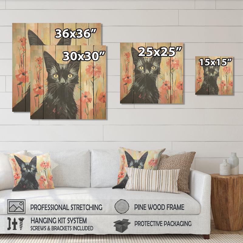 Chat noir dans les fleurs - Chat sur impression sur bois, H 30 po x l 30 po