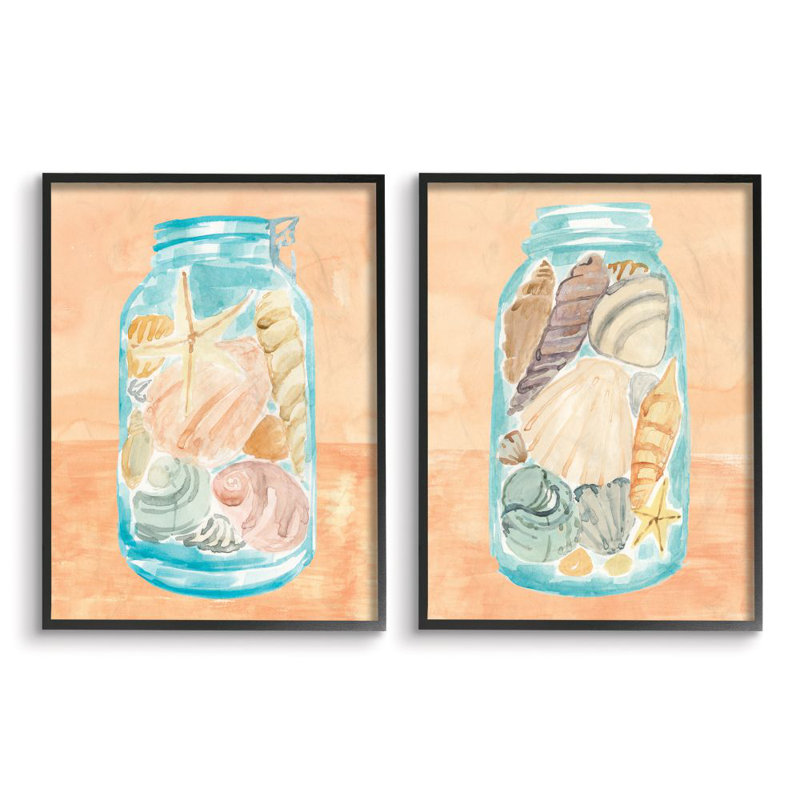 «Beach Shells In Jar Blue Orange» par Annie Warren, ensemble de 2 reproductions d'art, Giclée encadrée noir minuit