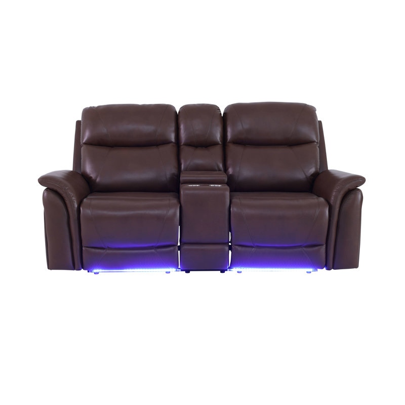 Chester Reddish Brown  Vegan Leather  Reclining  Loveseat With Cup-Holders And LED Lights