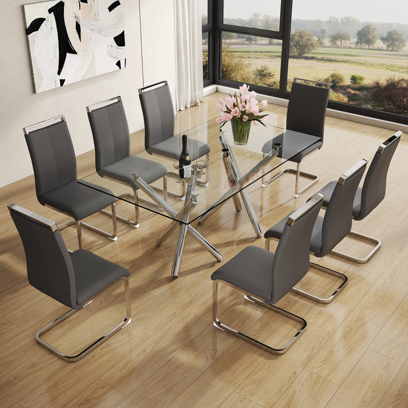 Daarina Modern Dining Table Set, Large Rectangular Glass Table with Silver X-Base and Faux Leather Cantilever Chairs, 9