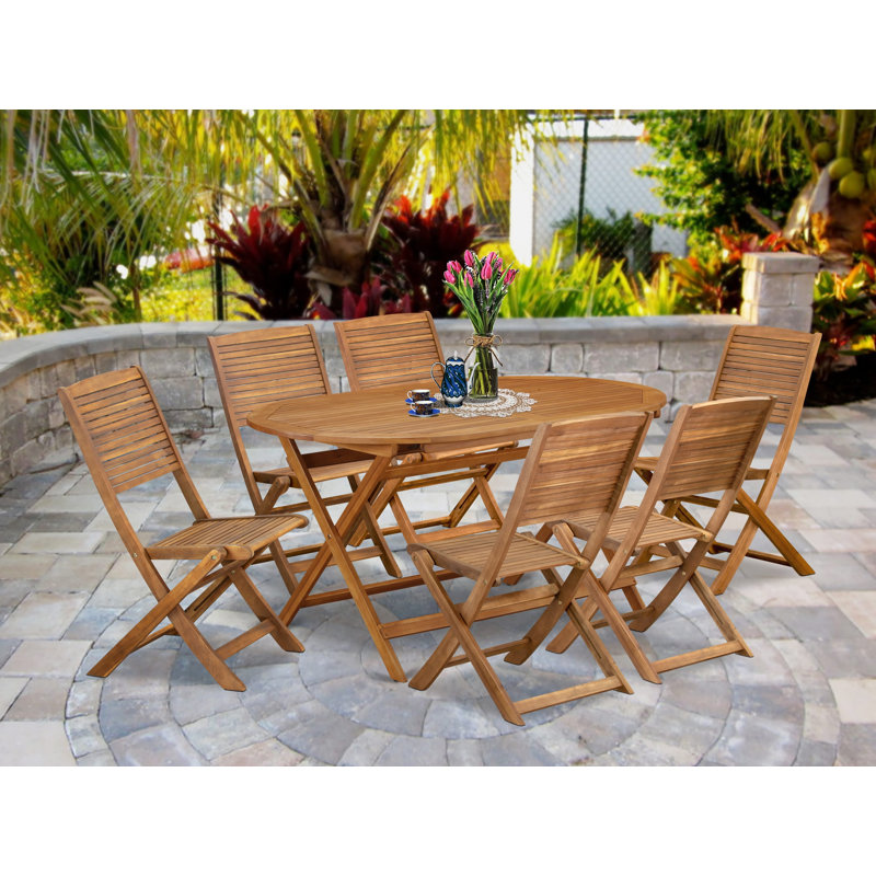 7 Piece Patio Dining Set Includes an Oval Outdoor Acacia Wood Table and 6 Folding Side Chairs, 36x60 Inch, Natural Oil