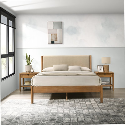 Ensemble de chambre à coucher en bois d'hévéa 3 pièces Vichy, lit plateforme avec deux tables de chevet, grand