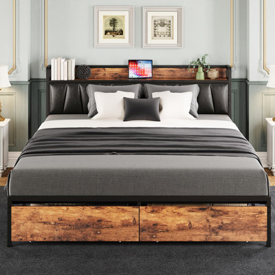 Upholstered Industrial Platform Bed With Charging Headboard & Storage Drawers