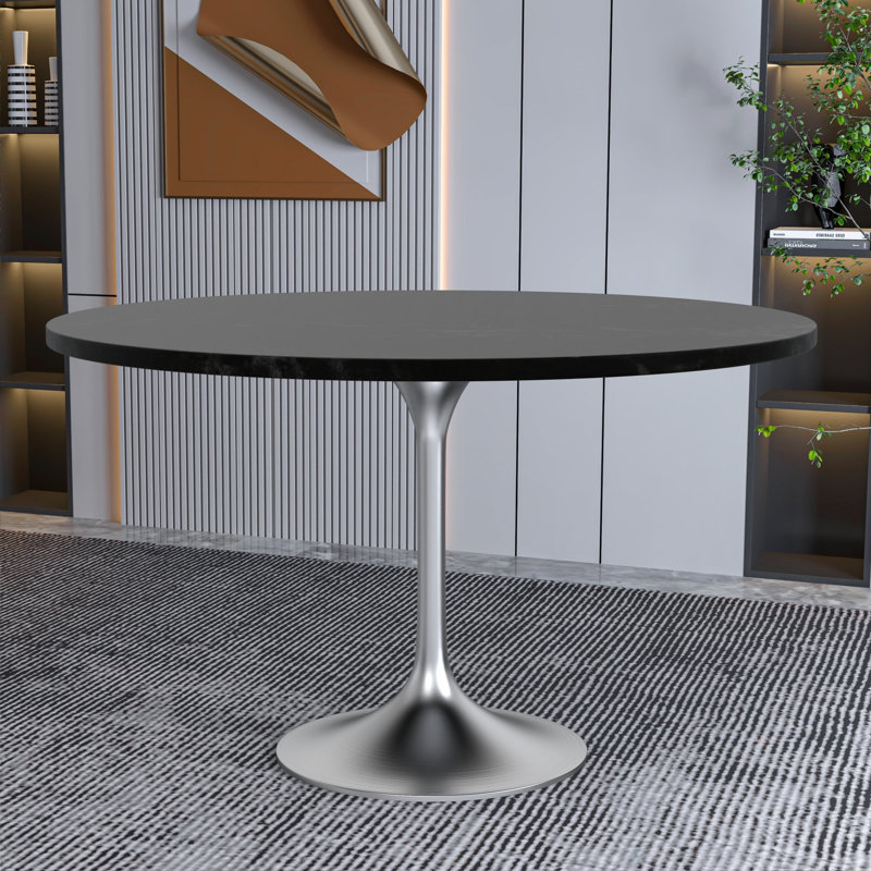 Heatherton 48" Round Dining Table with MDF Top Kitchen Table and Silver Stainless Steel Pedestal Base Seats 2-6 Person, Black