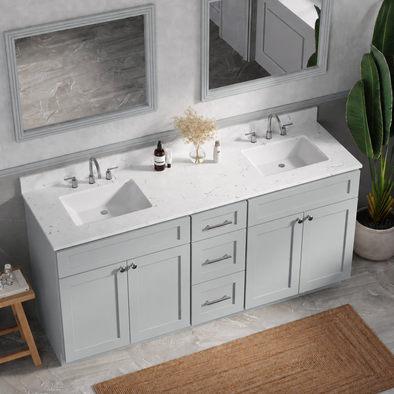 Meuble-lavabo double 72 po avec comptoir en quartz Carrara, Gris