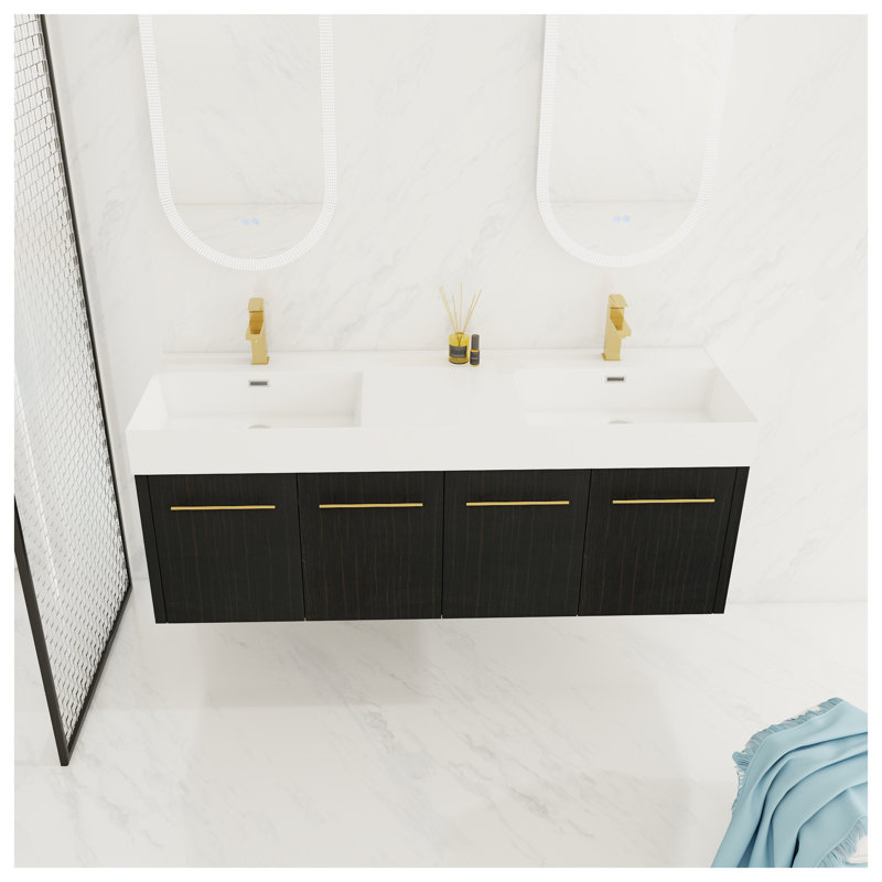 Meuble-lavabo mural de 60 pouces avec lavabo au fini châtaignier noir, armoire moderne en contreplaqué