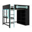 Lit mezzanine double avec bureau et garde-robe, lit mezzanine en bois avec espaces de rangement et éclairage intégré-589858879