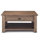 Monroe 38"W Solid Acacia Rustic Square Coffee Table with Large Drawer and Open Shelf