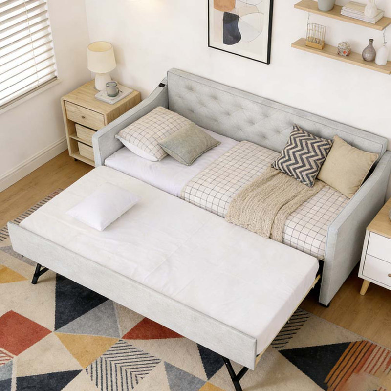 Twin Size Upholstery DayBed with Twin Size Pop-up Trundle and USB Charging, Beige Linen