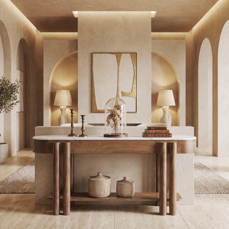 Console 63 po avec plateau en faux marbre et tiroir, Brown