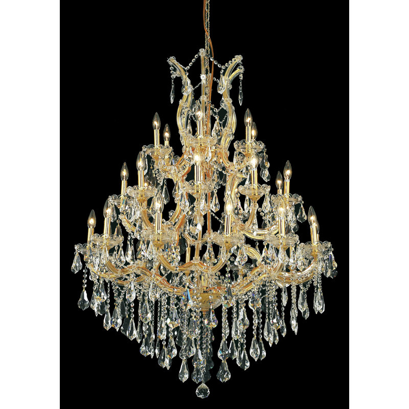 Lustre à niveaux 28 lumières style bougie Stockard, Or / cristal (transparent) / coupe royale