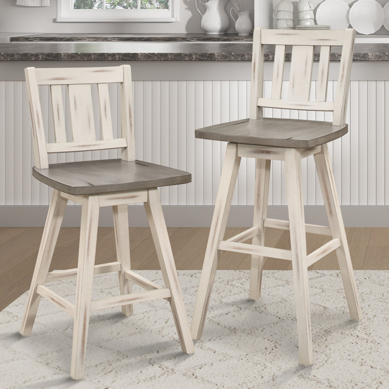 Ensemble de 2 chaises de salle à manger gris et blanc patinées, en bois d'hévéa massif, pivotant à 360 °, avec 2 chaises de salle à manger à dossier vertical à lattes et aggloméré blanc