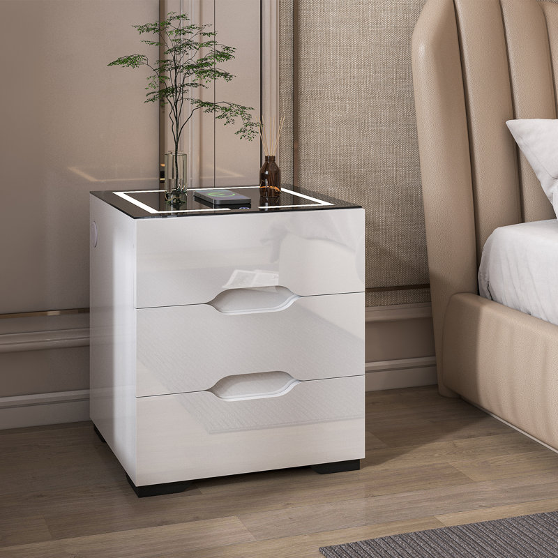 Smart Bedside Table With Wireless Charging & Usb Charging Station, Led Bedside Table Smart Nightstand, High Gloss End Table Night Stand Organizer For Living Room Bedroom Use (white)