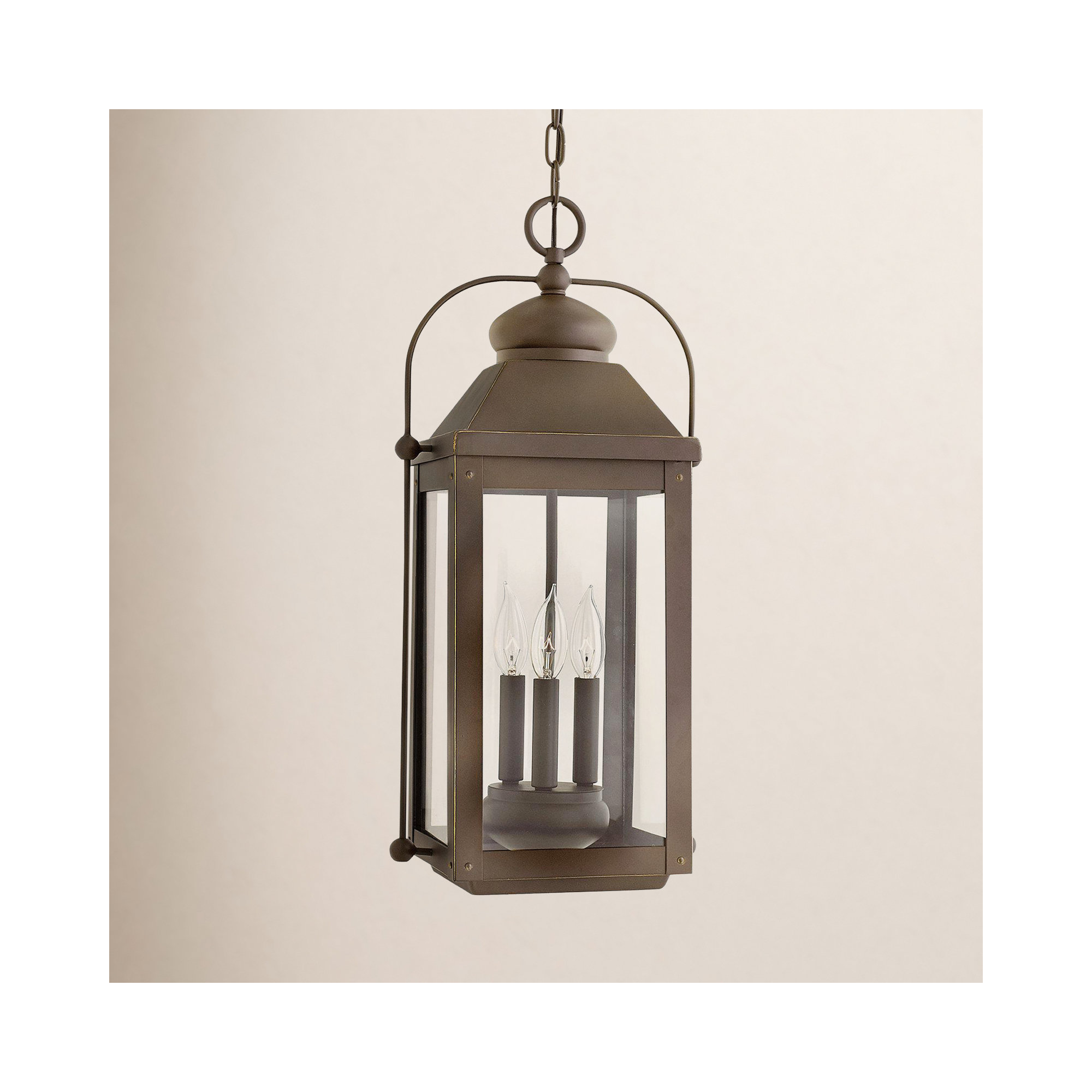 Anchorage 3-Light Outdoor Hanging Carriage Lantern w/ LED Included, Incandescent, Light Oiled Bronze
