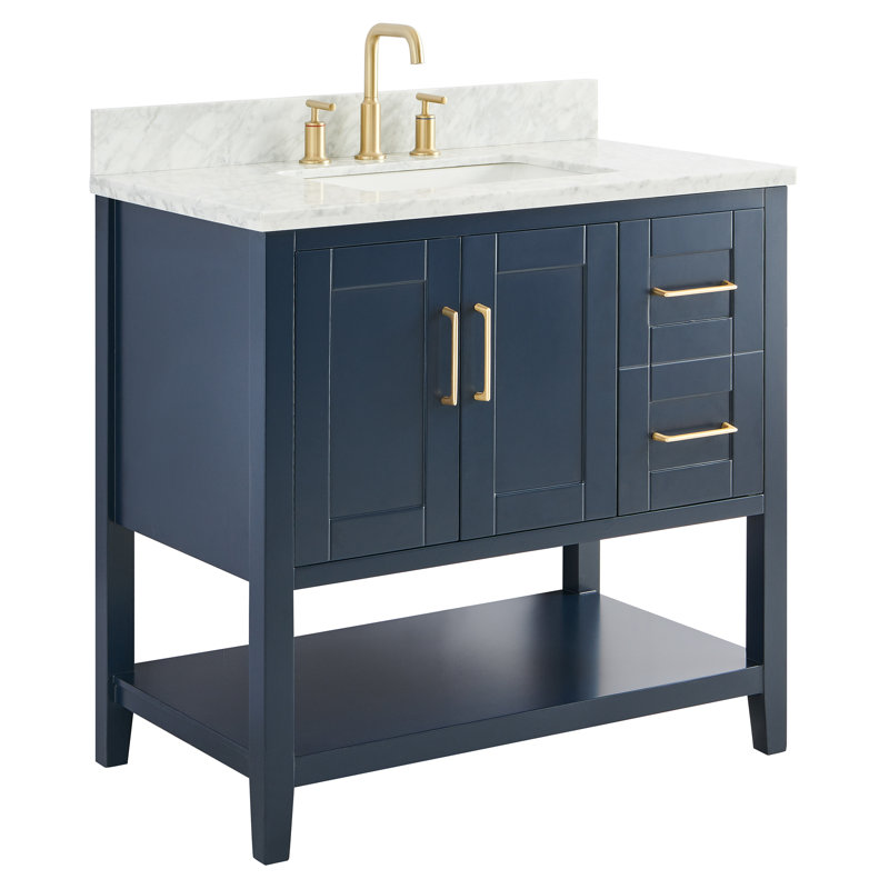 Meuble-lavabo 36 po avec plateau en marbre de Carrare et vasque en céramique Jeanina, Bleu marine