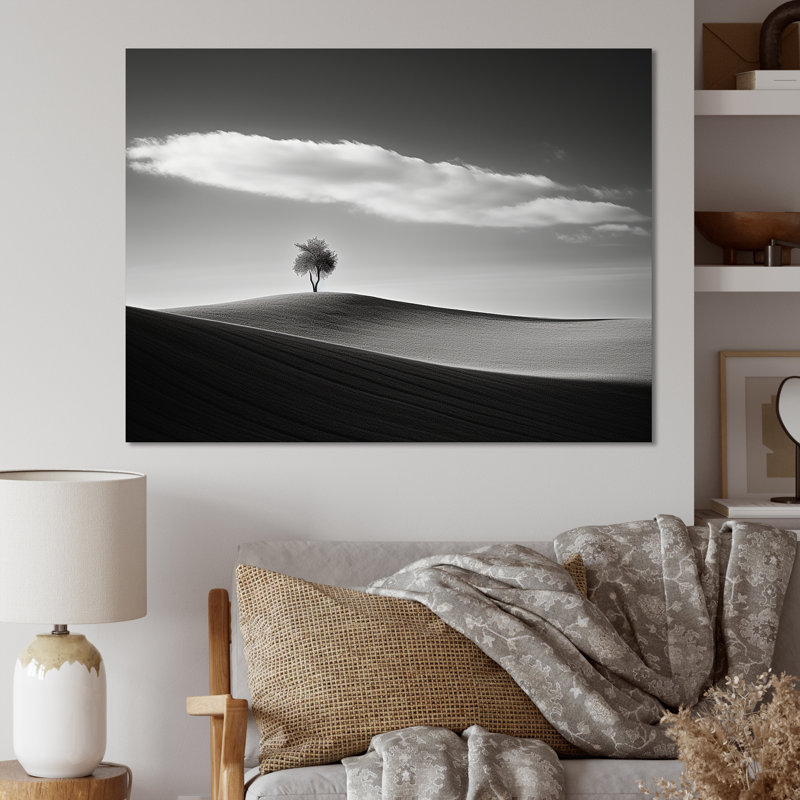 «Solitude Tree Black and White Meadow», photographie sur toile, Toile tendue, 24" H x 32" W