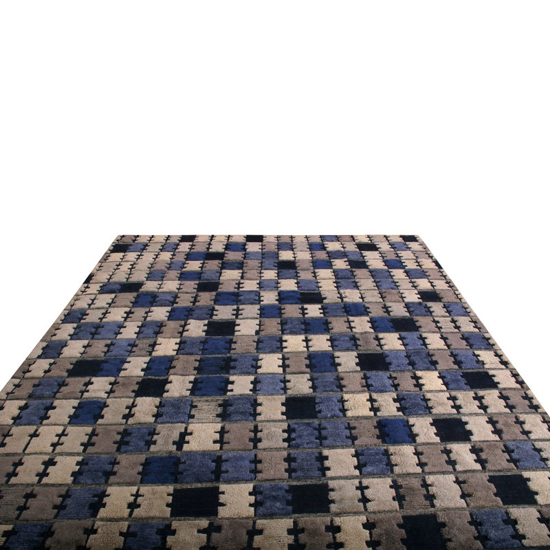 Scandinavian Rug In Gray, Blue, Black Geometric Pattern By Rug & Kilim, Rectangle 6' x 9'