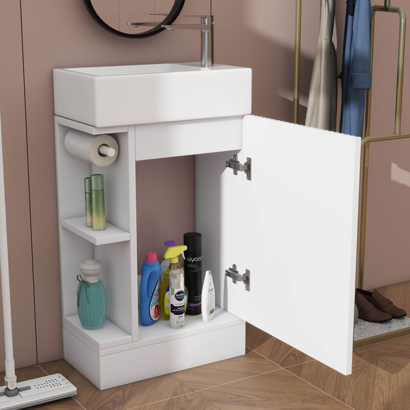 Petit meuble-lavabo 18,6 po avec lavabo, meuble-lavabo avec tablette à deux niveaux, orienté vers la gauche ou vers la droite, meuble-lavabo en panneau de fibres à densité moyenne