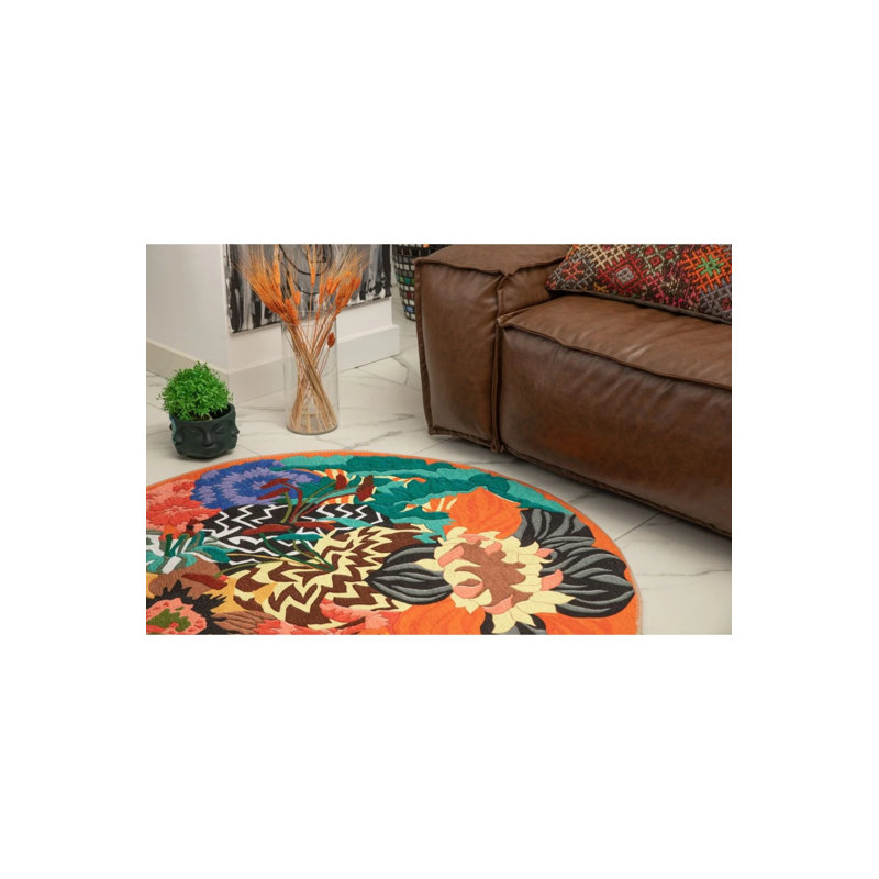 Flower Figured Decorative Woven Base Washable Carpet, Round 4'