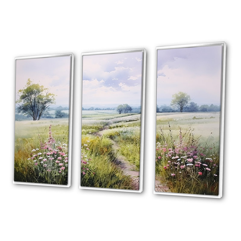 «Meadow Scenery Minimalisme Serenity II», ensemble d'art mural prairie, H 28 po x l 36 po x P 1 po, Cadre flottant blanc