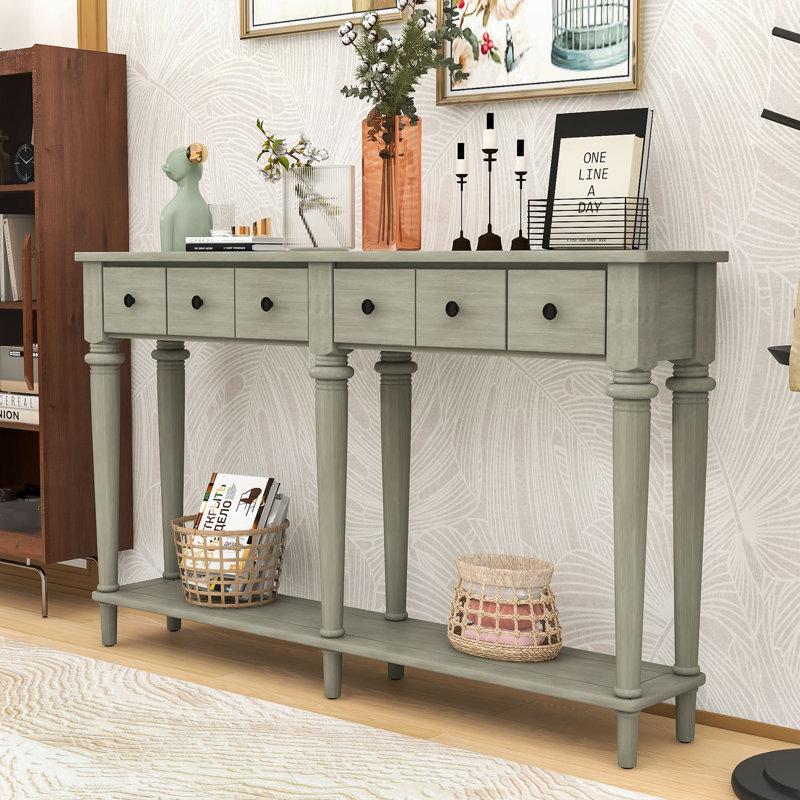 Console d'entrée en bois rustique avec 4 tiroirs et tablette ouverte, Gris délavé