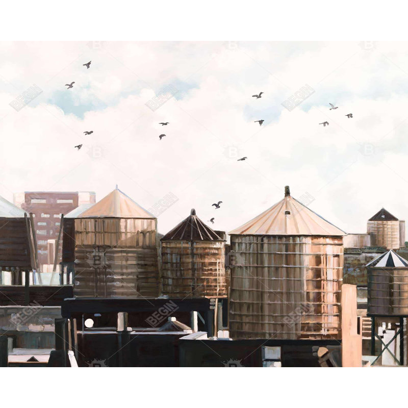 Water Towers - Toile avec cadre contemporain beige | Décoration intérieure