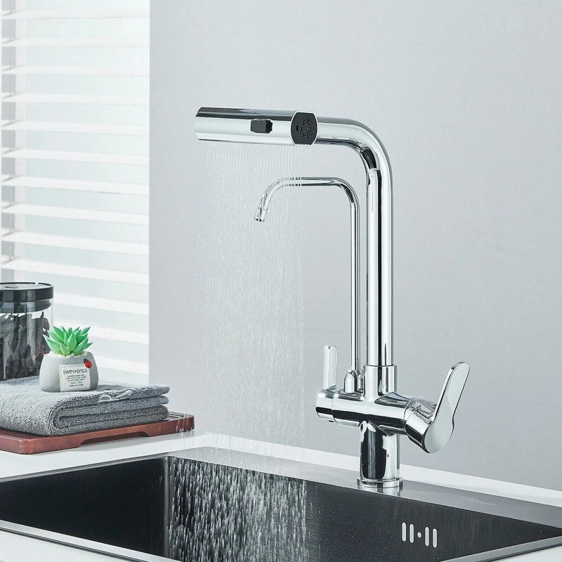 Robinet mélangeur chromé avec robinet de purificateur de cuisine à 3 voies