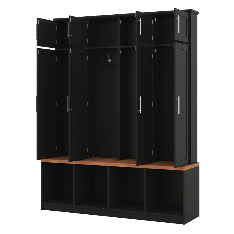 Hall Tree With 4 Hidden Hanging Hooks, Versatile Walnut Seating Bench With 8 Doors, Entryway Shoe Cabinet With Open Compartments