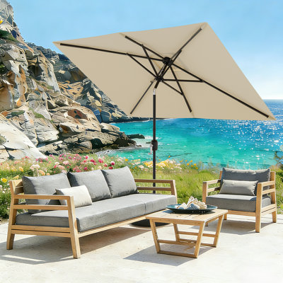 Solar Powered Rectangular Patio Umbrella with Lights – 10' x 6.5' Outdoor Table Sun Shade, UV & Water-Resistant Canopy, Crank, Push Button Tilt, 6 Steel Ribs, For Garden, Deck, Lawn, Pool,