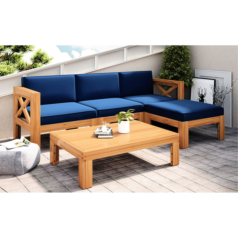 Ensemble de jardin 5 sections avec coussins - Bois naturel, housses de coussins bleues, structure robuste, coin salon extérieur 5 pièces, + Bleu, Bois dur -, Espace