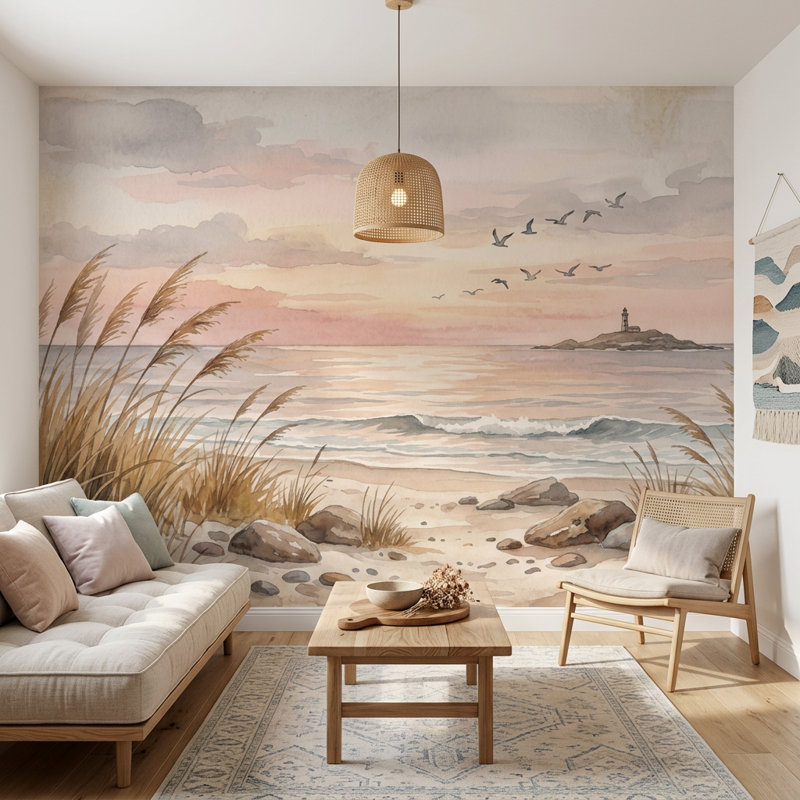 Papier peint bord de mer, décoration murale phare amovible, Texturé non collé, 120 po x 96 po