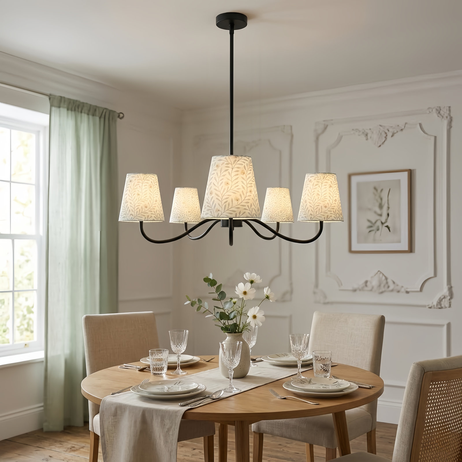 5-Light Chandelier with Fabric Shades, Matte Black, Blue