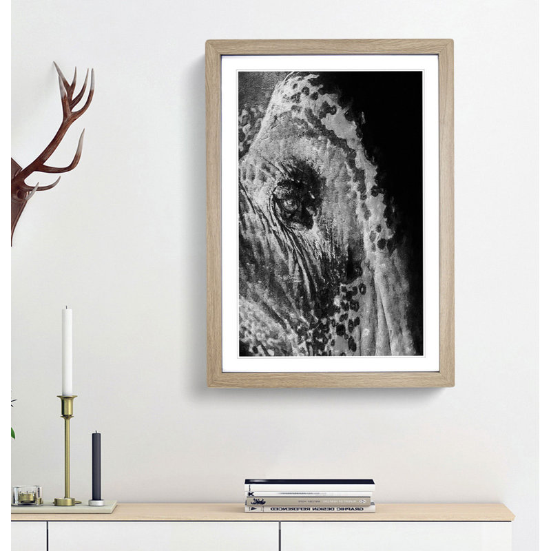 Watchful Elephant - Framed Print, 65cm H x 48cm W x 2cm D, Oak Framed