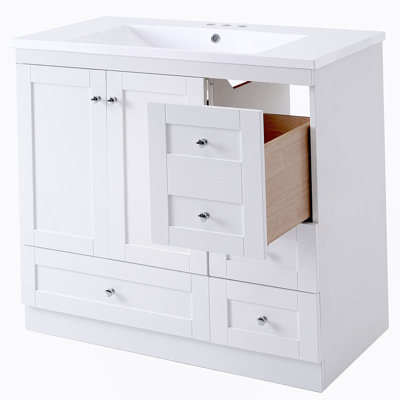 Armoire de salle de bain sur pieds 36 po avec lavabo, 4 tiroirs à fermeture en douceur et 2 portes à fermeture en douceur Shaker