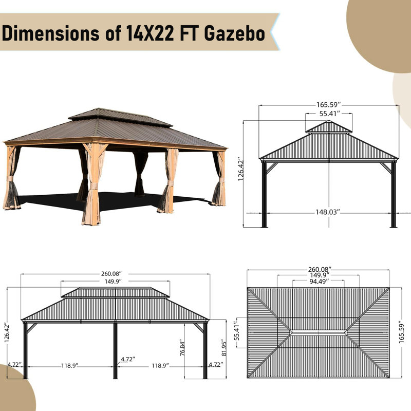 Pavillon de jardin extérieur avec cadre et auvent double ventilé pour terrasse de filet de jardin amovible