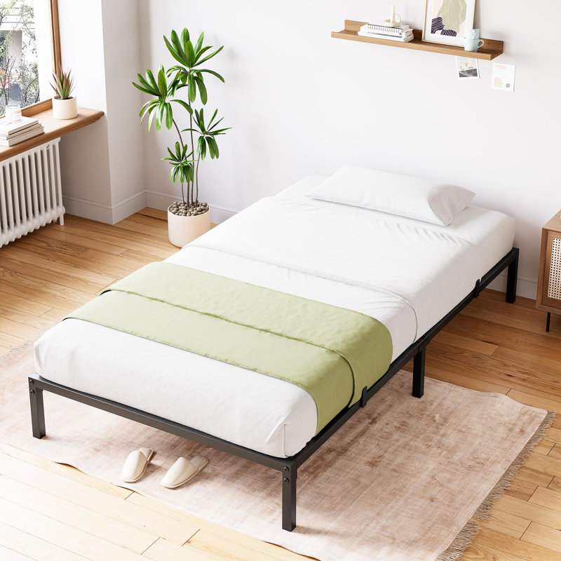 Cadre de lit plateforme robuste en métal noir, sans sommier, base de lit silencieuse avec rangement sous le lit, compatible avec les têtes de lit