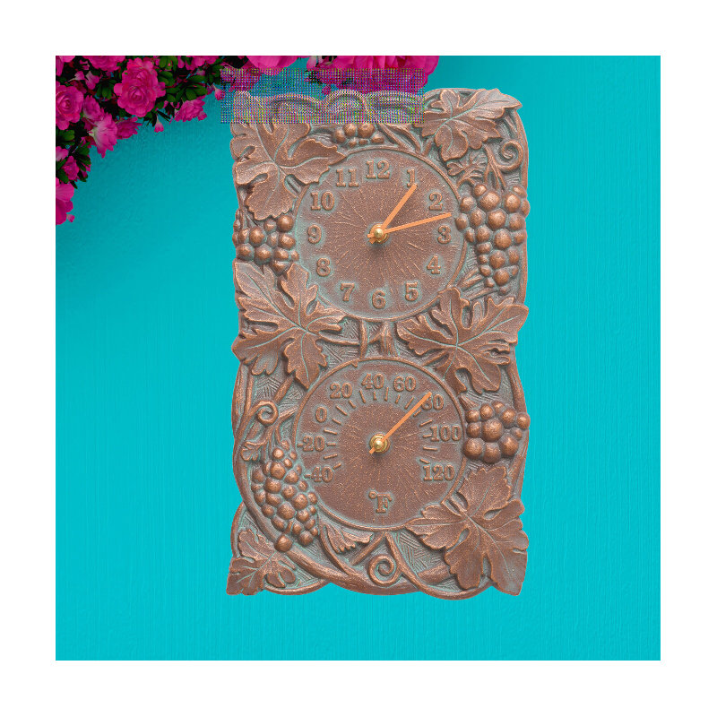 Grapevine Indoor/Outdoor Wall Clock and Thermometer, Copper Verdigris