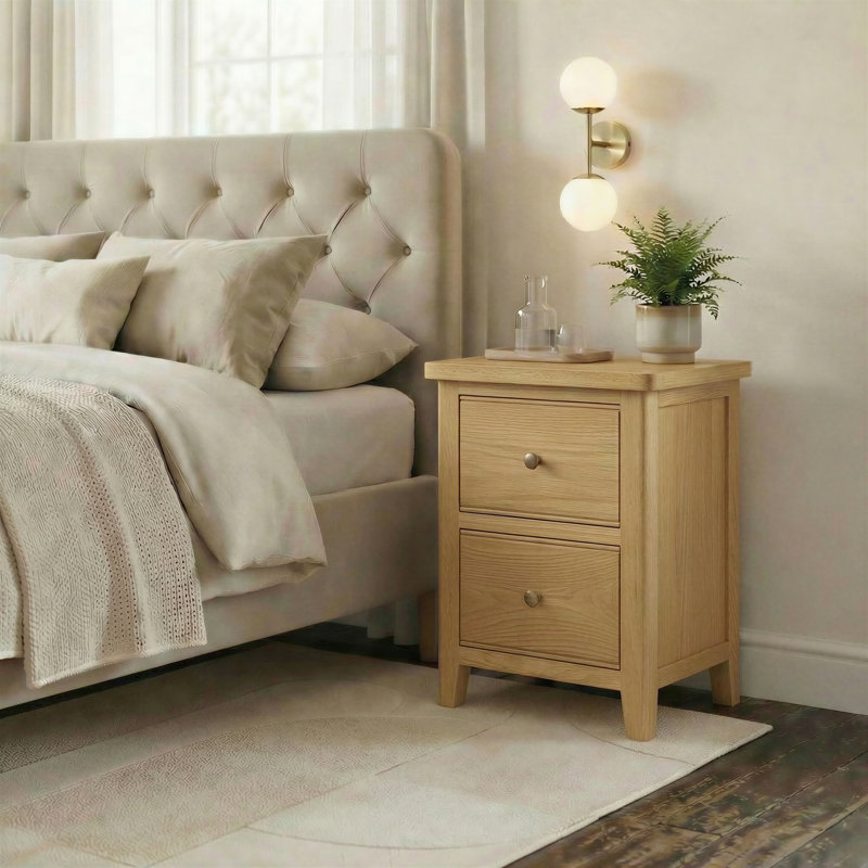 Bodkin Wooden Bedside Table With Drawer - Traditional Farmhouse Style, 58cm H x 38cm W x 32cm D, Oak